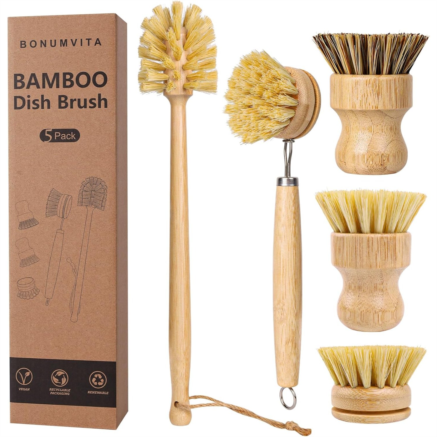 Dish Brush Bamboo - 5 Pack Bamboo Dish Brush Set