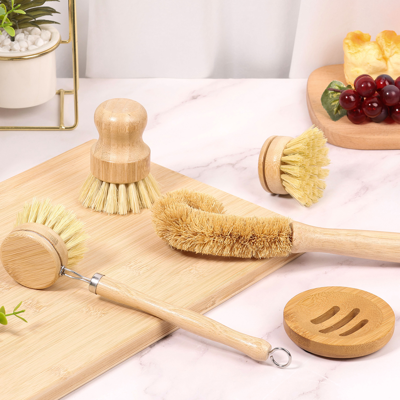 Dish Brush Bamboo - 4/5Pcs Bamboo Dish Brush Set Pot