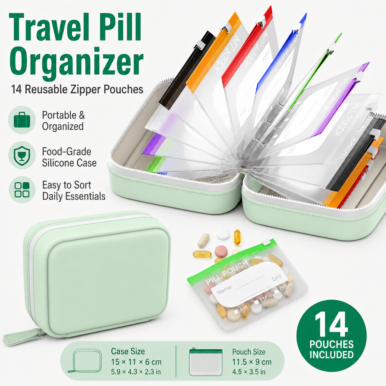 Reusable Produce Bag - Travel Pill Organizer with 14 Reusable